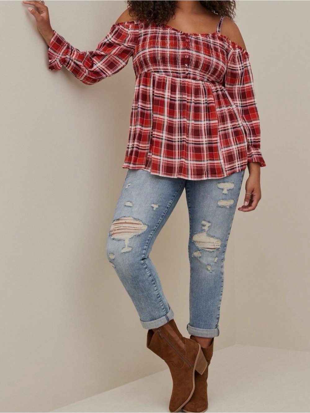 Torrid Babydoll Crinkle Gauze Plaid Smocked Cold Shoulder Top Lumberjack Vibes - Picture 2 of 8